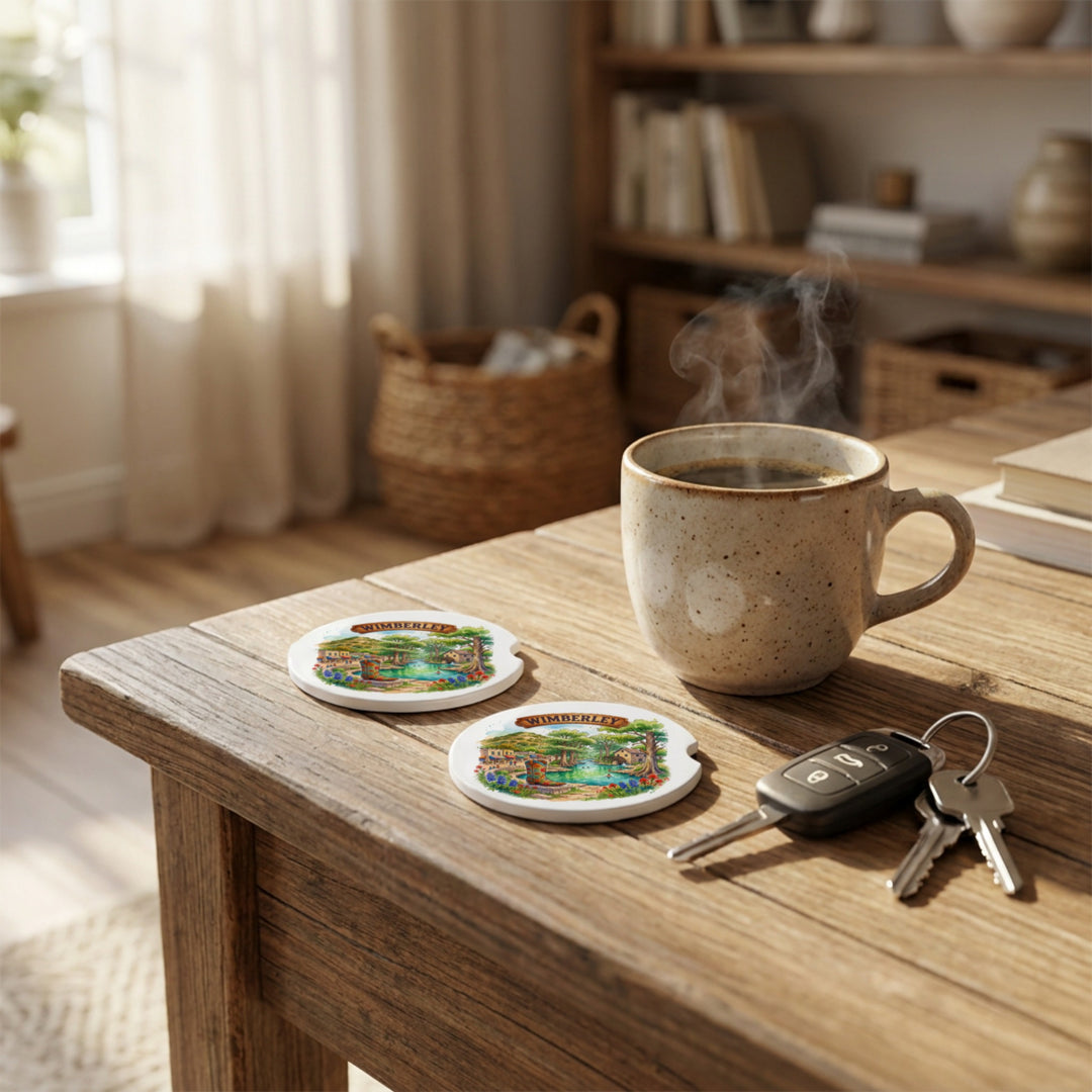 Wimberley, Texas car coasters styled on a wooden side table beside a coffee mug and keys – Designs by Mysh