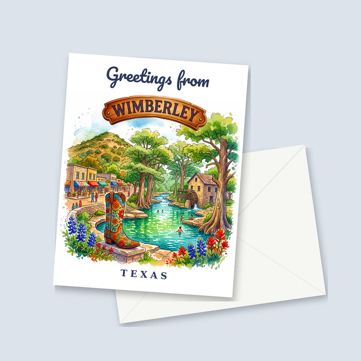 Greetings from Wimberley Texas watercolor greeting card with a painted cowboy boot and Cypress Creek, shown with a white envelope