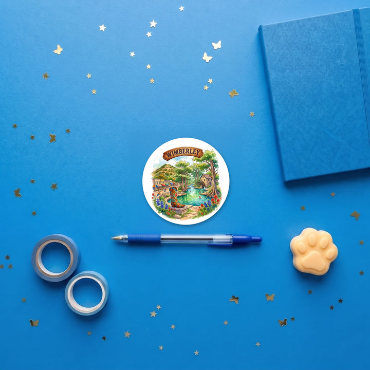 Wimberley, Texas fridge magnet flat lay with blue and yellow stationery – Designs by Mysh
