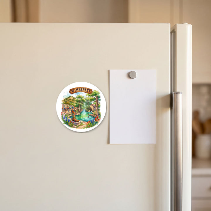 Wimberley, Texas watercolor magnet on a refrigerator door – Designs by Mysh