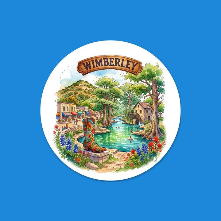 Wimberley, Texas watercolor round flexible fridge magnet with bluebonnets – Designs by Mysh