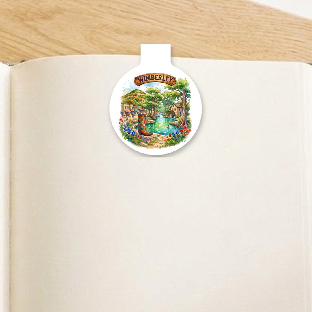 Wimberley, Texas watercolor magnetic bookmark clipped on an open book – Designs by Mysh