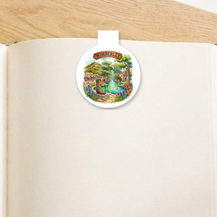 Wimberley, Texas watercolor magnetic bookmark clipped on an open book – Designs by Mysh