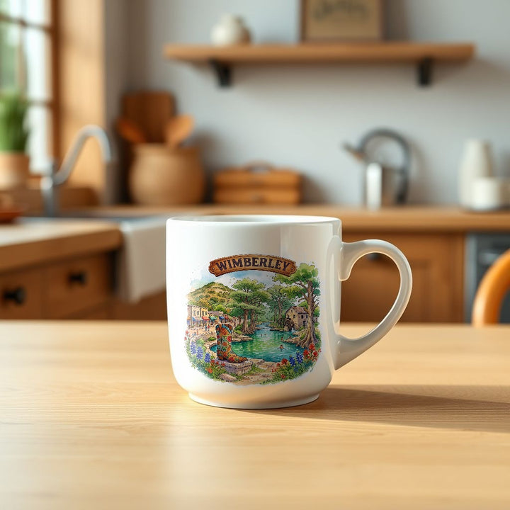 Wimberley Texas watercolor mug on a kitchen table - Designs by Mysh