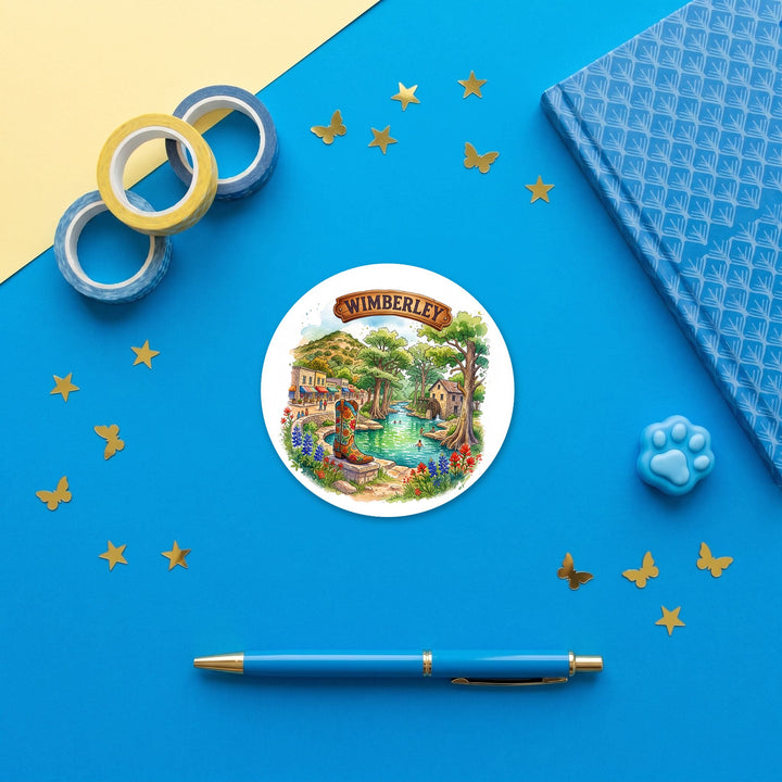 Wimberley, Texas 3 inch sticker flat lay with blue and yellow stationery – Designs by Mysh