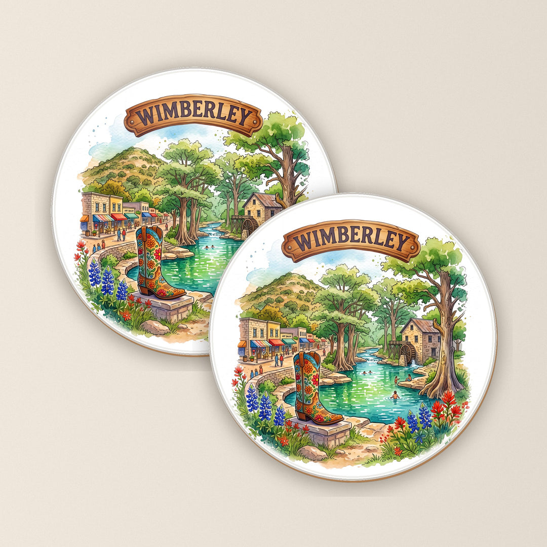 Set of two Wimberley, Texas watercolor round coasters – Designs by Mysh
