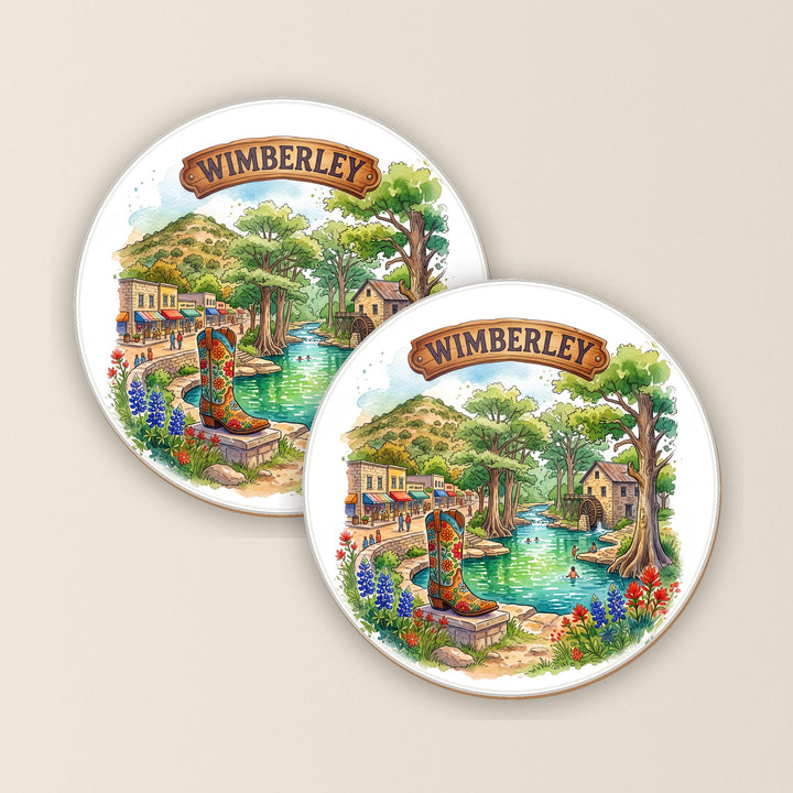 Set of two Wimberley, Texas watercolor round coasters – Designs by Mysh