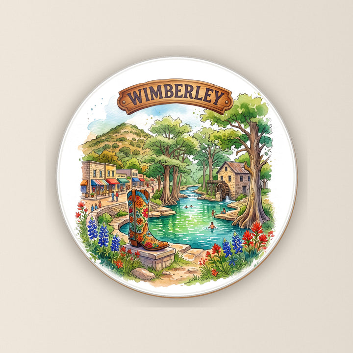 Wimberley, Texas watercolor round ceramic coaster – Designs by Mysh