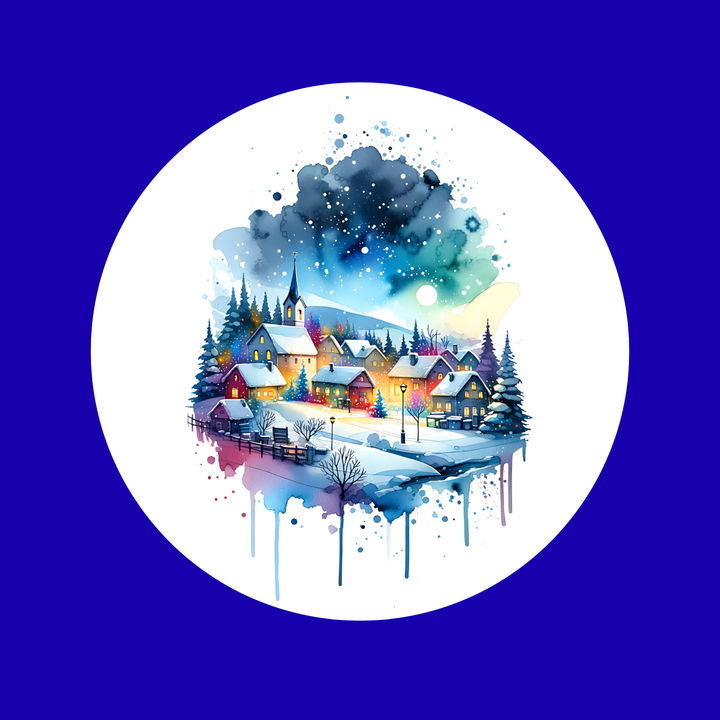 Colorful winter village scene with houses and trees on a blue background