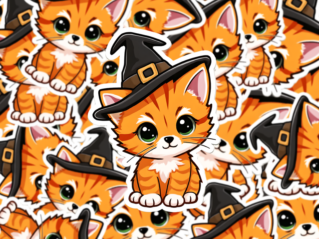 Witch Cat Halloween Vinyl Decal Sticker, Cute Orange Tabby Vinyl Decal, Kawaii Fall Cat Sticker, Spooky Season Kitty Planner Decor - Designs by Mysh