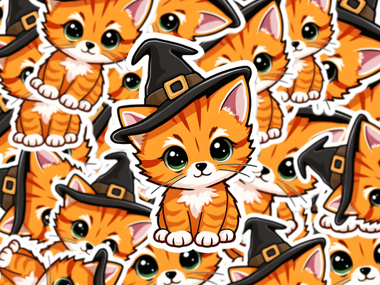 Witch Cat Halloween Vinyl Decal Sticker, Cute Orange Tabby Vinyl Decal, Kawaii Fall Cat Sticker, Spooky Season Kitty Planner Decor