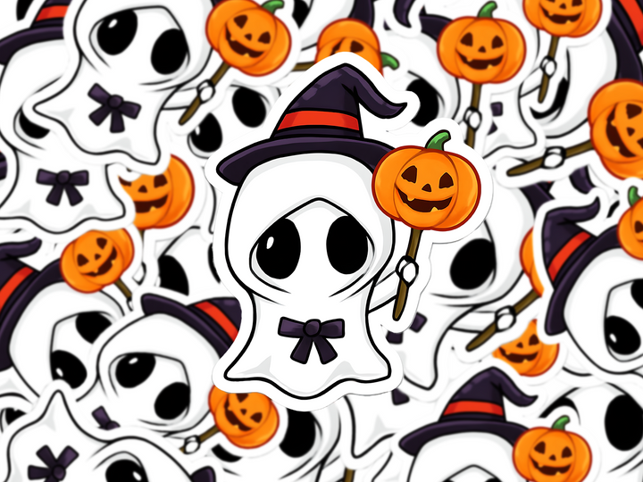 Cute Witch Ghost Vinyl Decal Sticker, Halloween Vinyl Decal with Pumpkin, Kawaii Spooky Season Sticker, Trick-or-Treat Fall Decor - Designs by Mysh