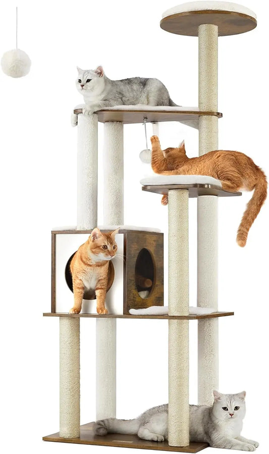 Woodywonders Cat Tree, 65-Inch Modern Cat Tower for Indoor Cats, Multi-Level Cat Condo with 5 Scratching Posts, Perch, Washable Removable Cushions, Cat Furniture, Rustic Brown UPCT166X01 - Designs by Mysh