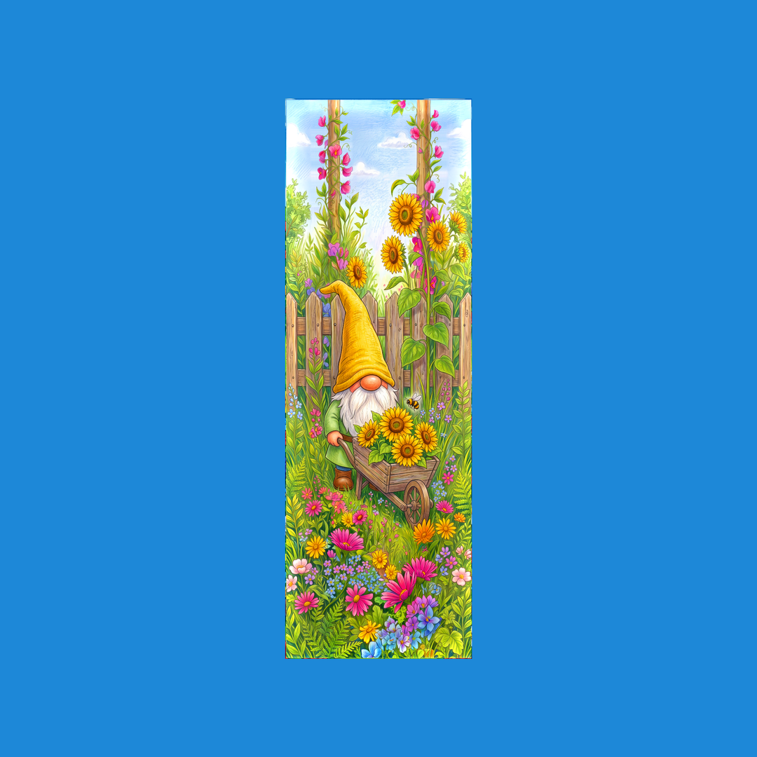 Yellow gnome 2x6 bookmark: garden gnome in a tall yellow hat pushing a wooden wheelbarrow of sunflowers past a picket fence with a bumblebee and wildflowers - colored-pencil storybook art by Designs by Mysh