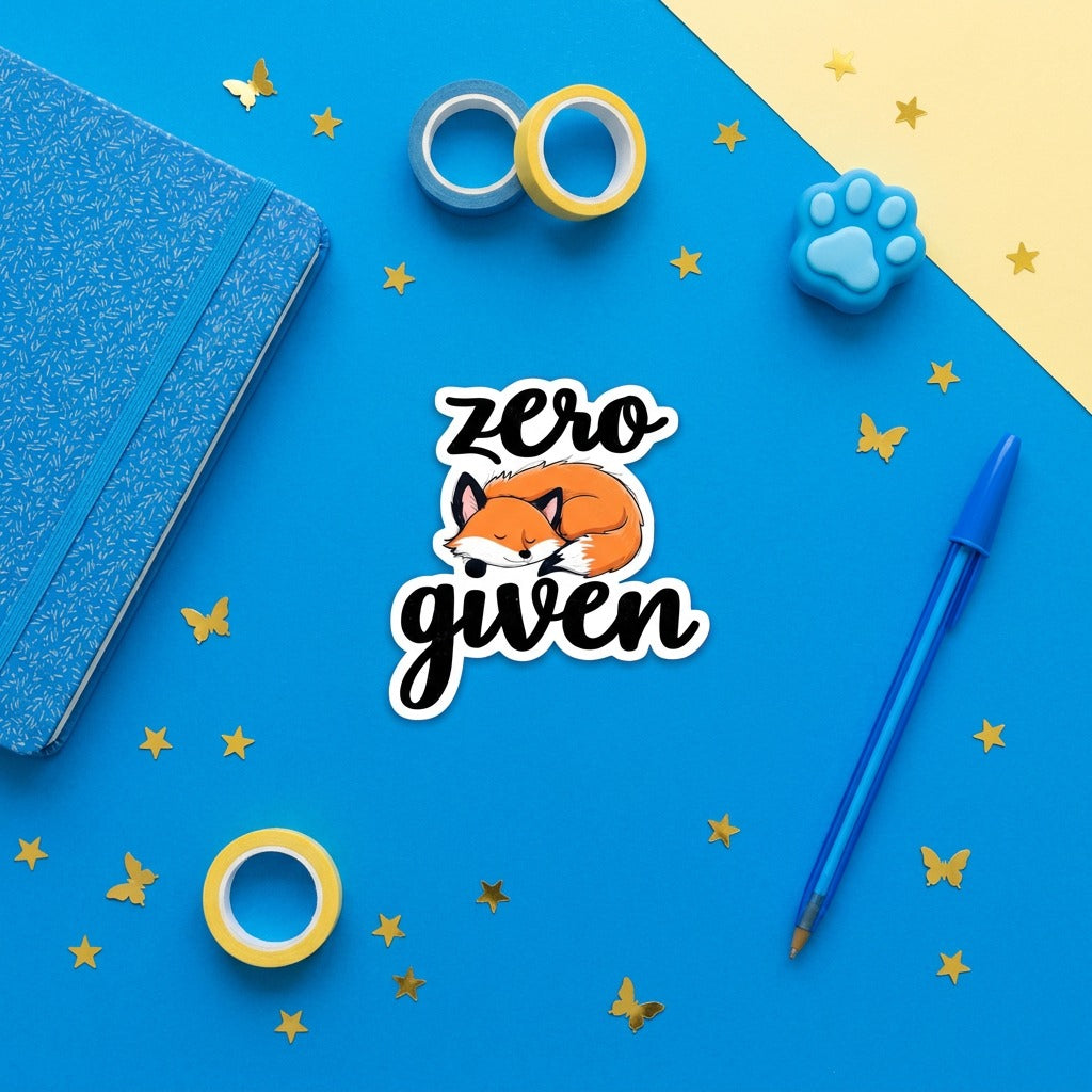 Zero Fox Given 3 inch sticker flat lay with blue and yellow stationery – Designs by Mysh
