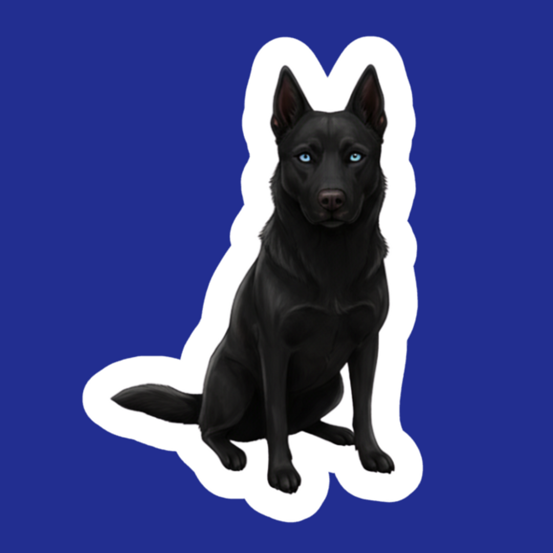 Black dog sticker on a blue background