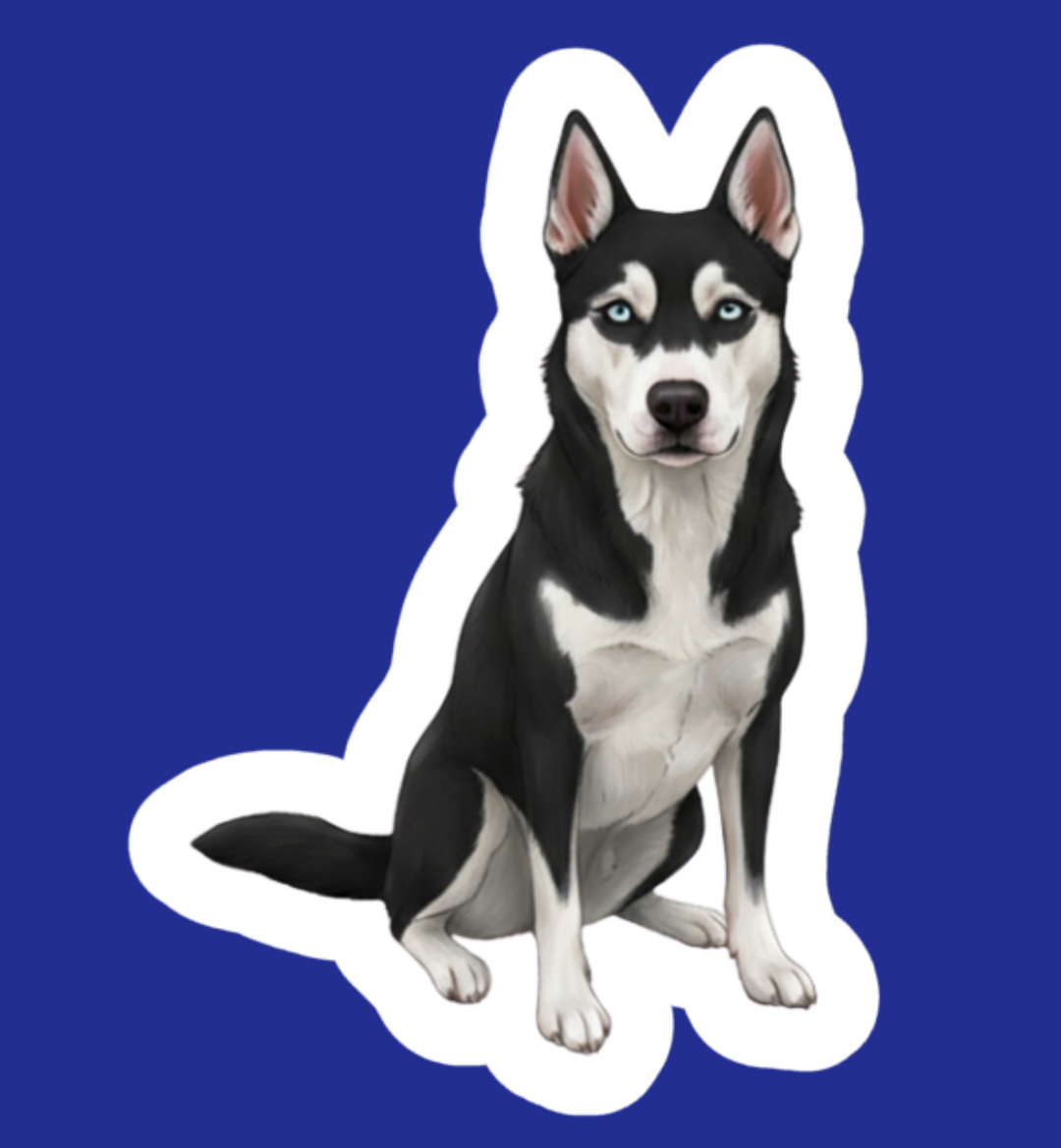Sticker of a black and white husky dog on a blue background