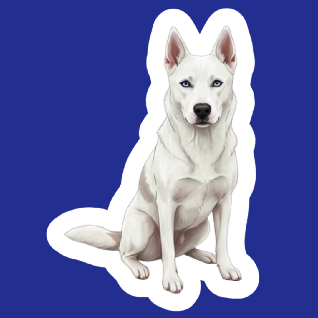 White dog illustration on a blue background