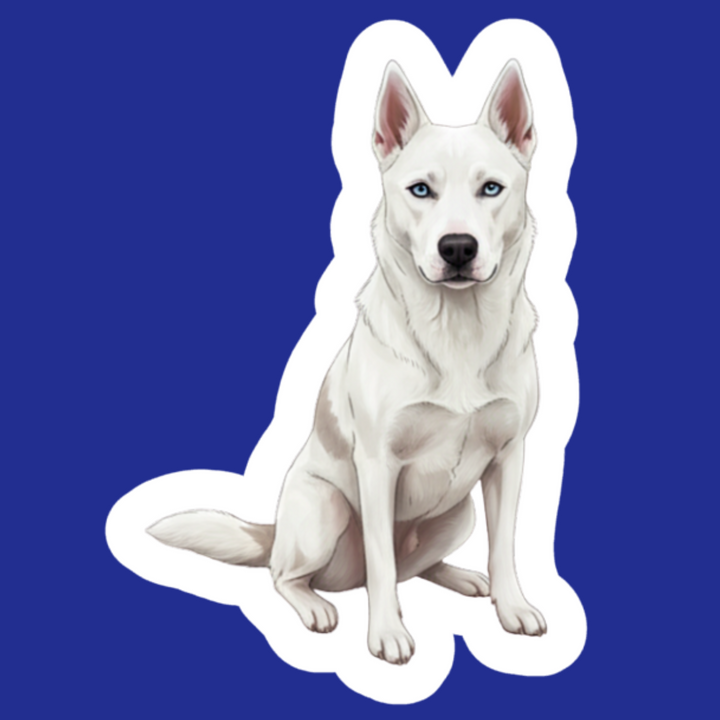 White dog illustration on a blue background