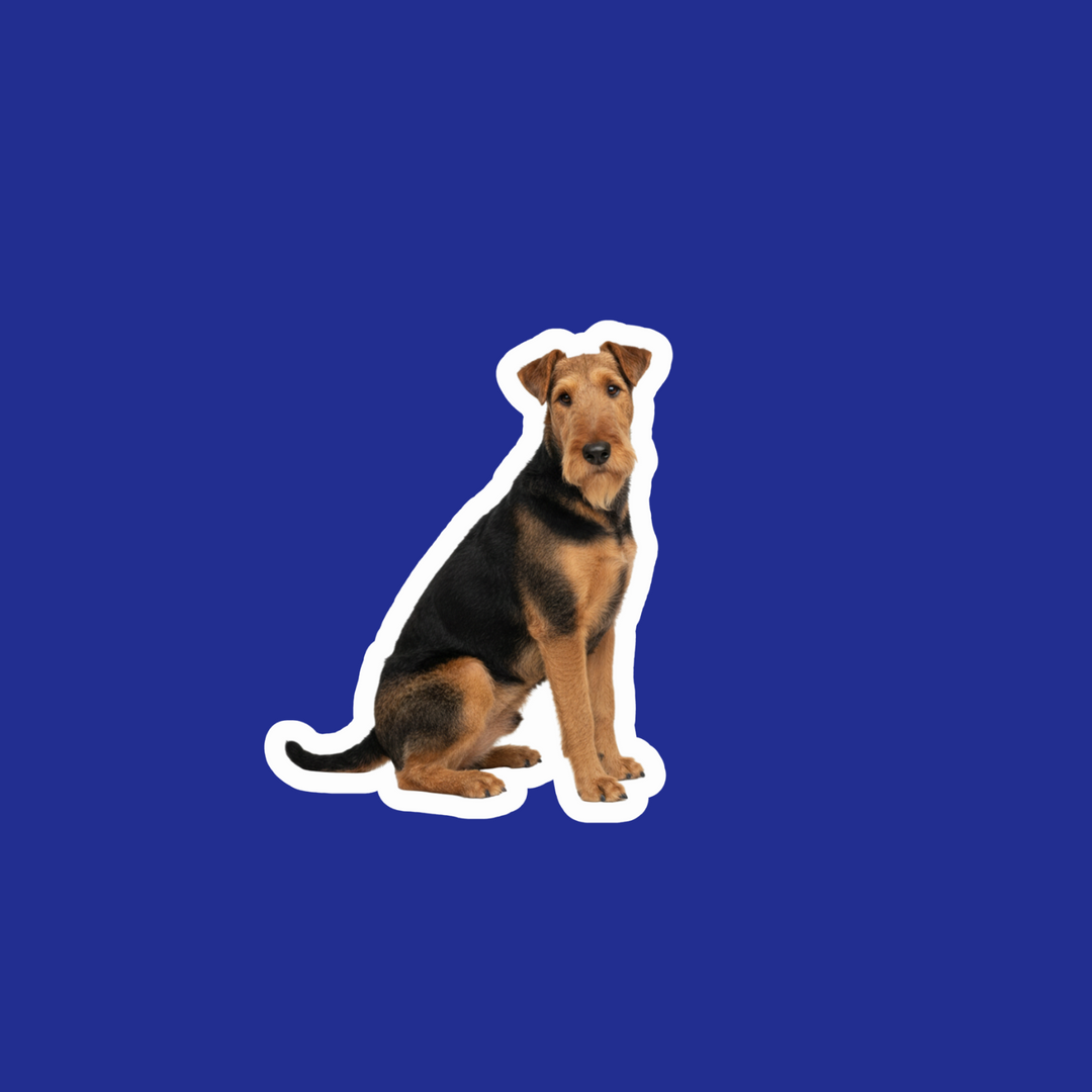 Dog sticker of a black and brown dog on a blue background