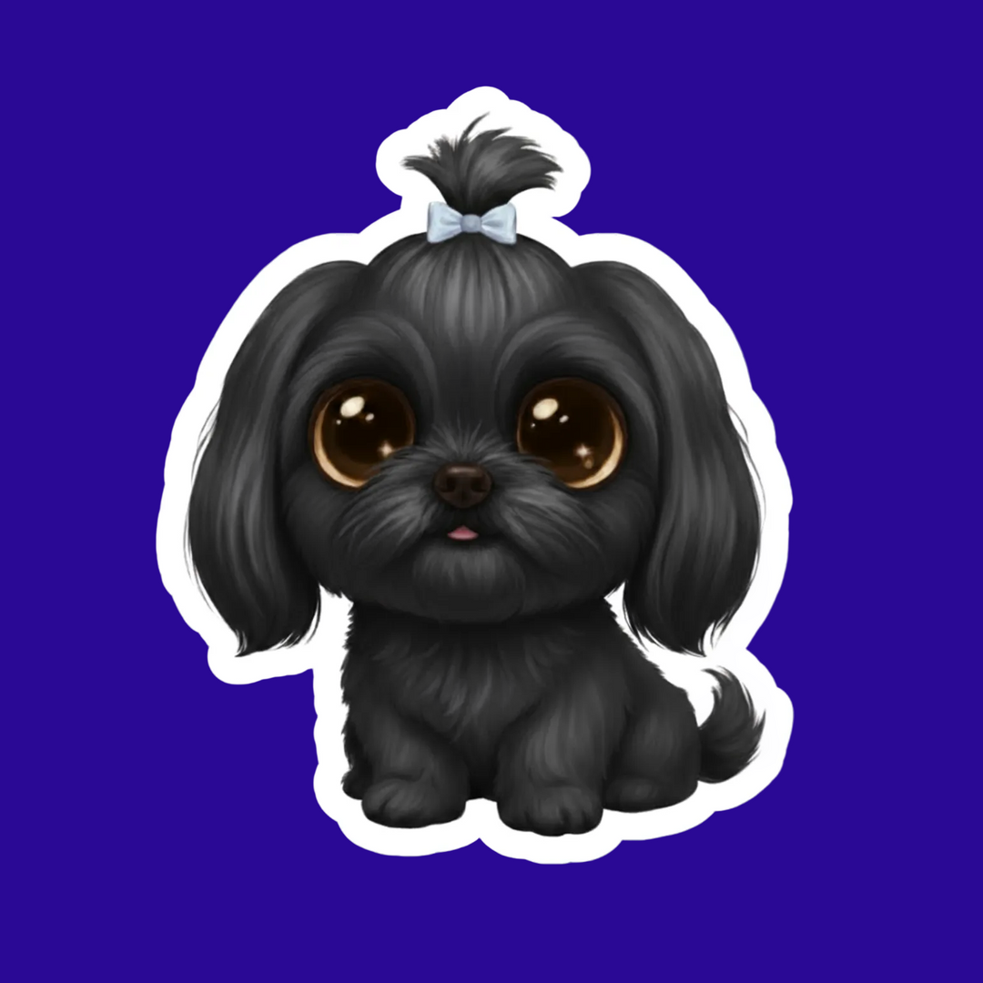 Illustration of a black dog with a white bow on a blue background