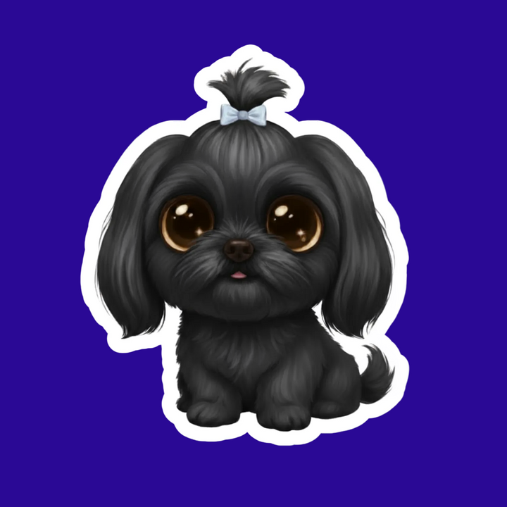 Illustration of a black dog with a white bow on a blue background