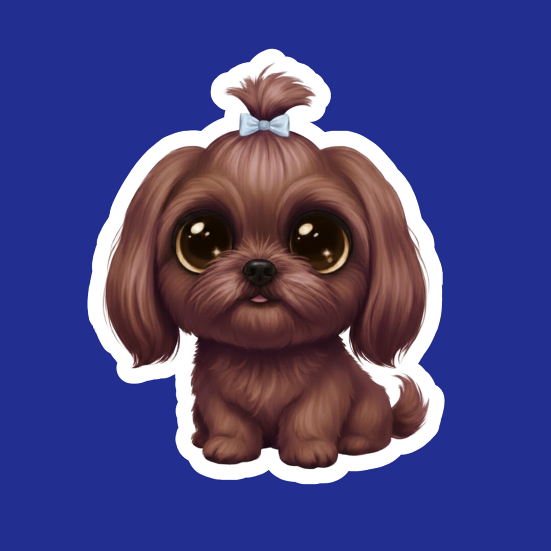 Illustration of a cute brown dog with a bow on a blue background