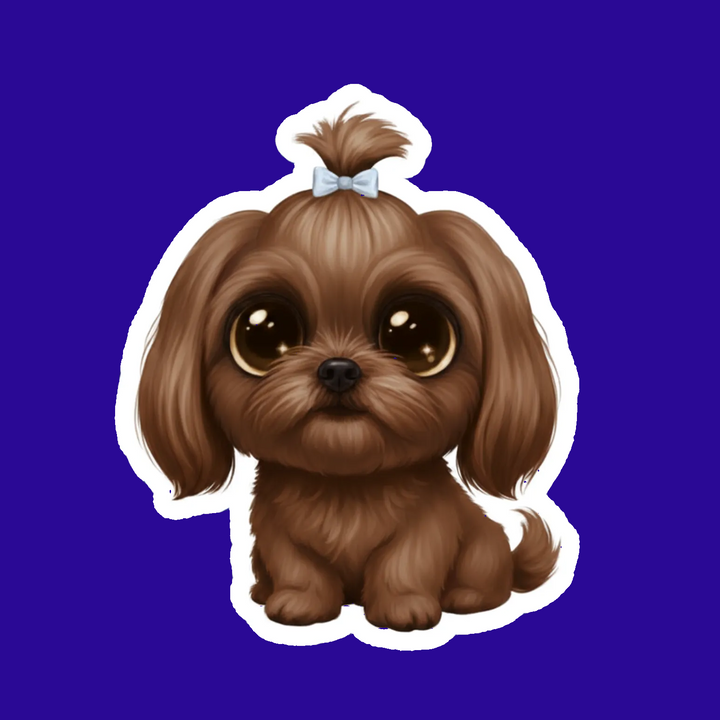 Cartoon dog with a bow on a blue background