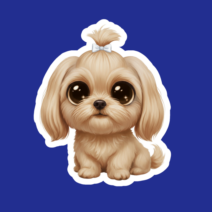 Cartoon dog with a bow on a blue background