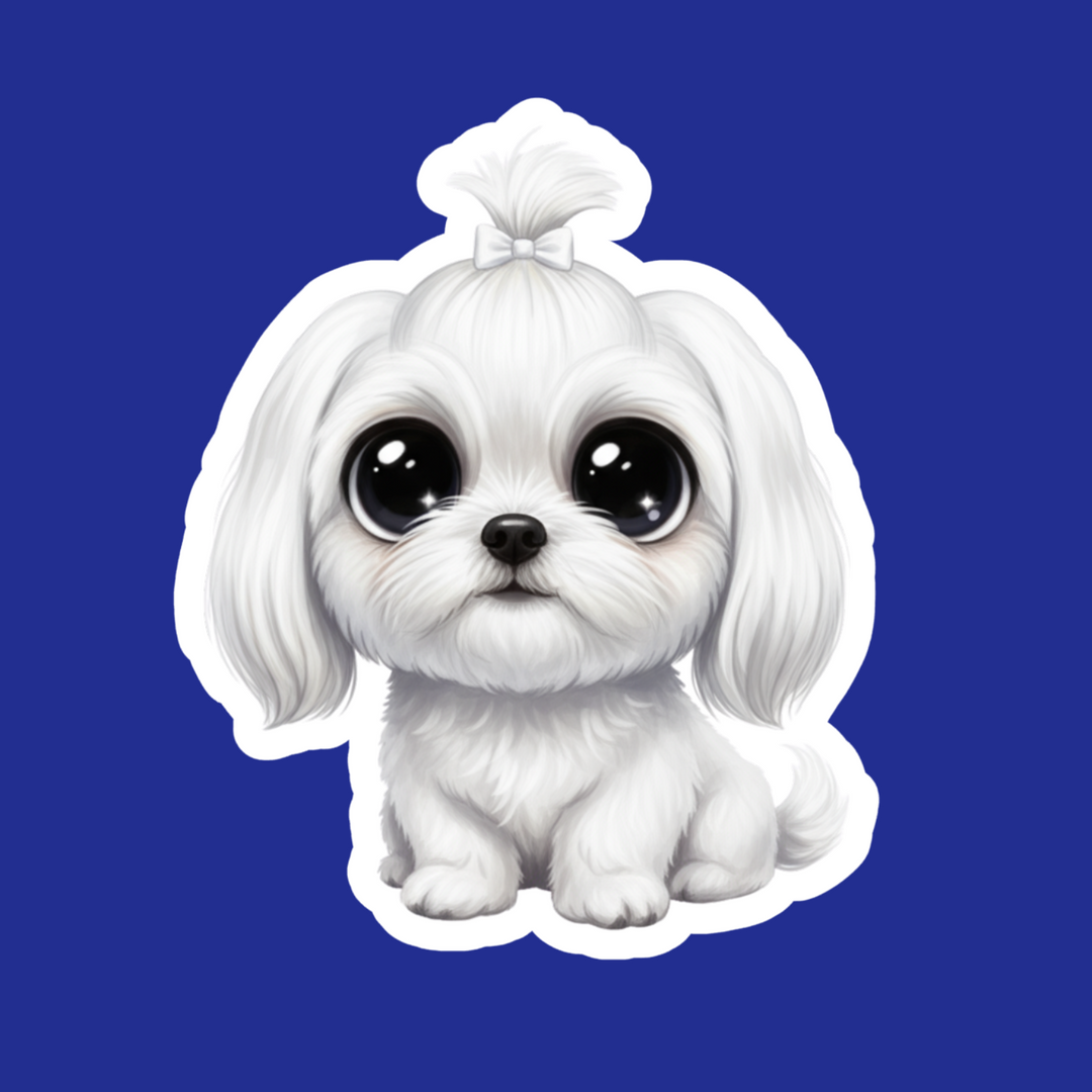 Cartoon white dog with a bun on a blue background
