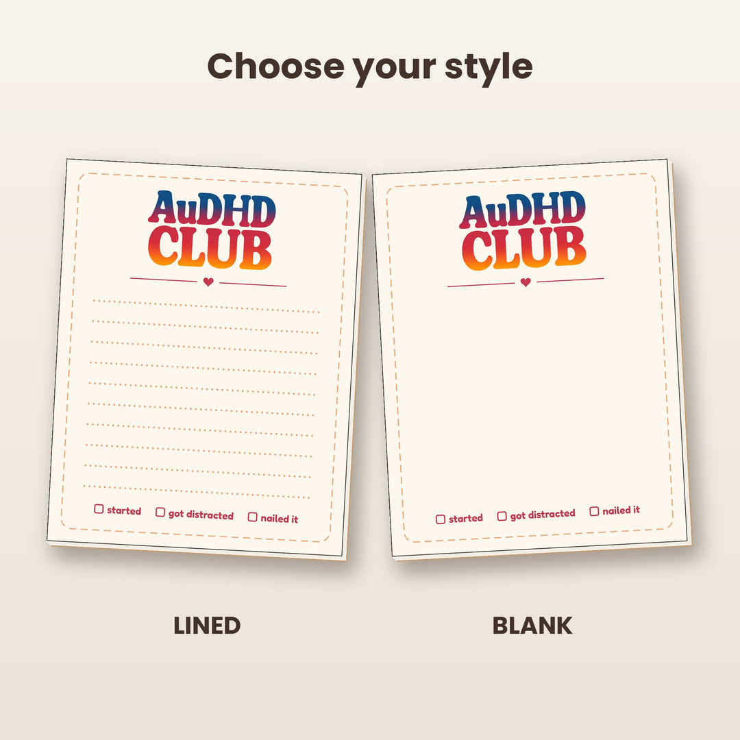AuDHD CLUB notepad in lined and blank styles