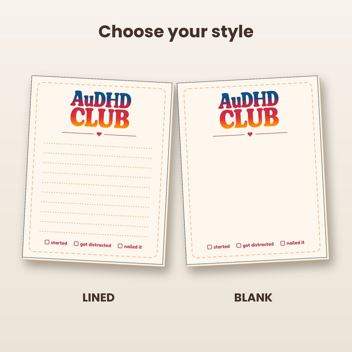 AuDHD CLUB notepad in lined and blank styles