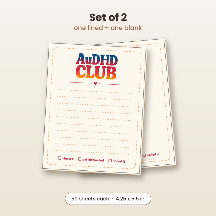 AuDHD CLUB notepad set of 2, one lined and one blank
