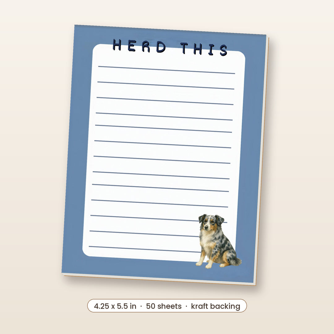 Blue Merle Australian Shepherd watercolor notepad, 4.25 x 5.5 inch, 50 sheets
