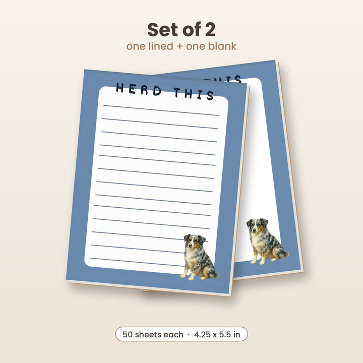 Blue Merle Australian Shepherd notepad set of 2, one lined and one blank