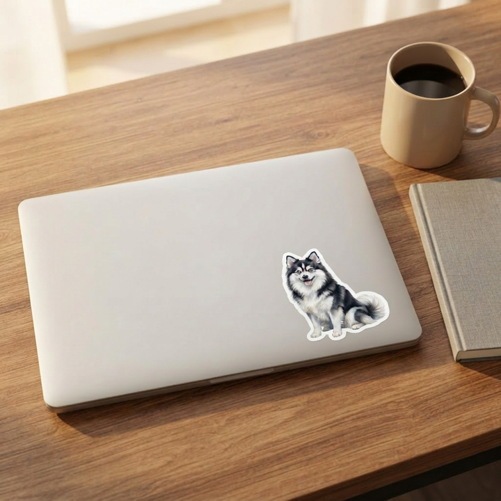 Pomsky Black and White watercolor vinyl sticker on a laptop lid – Designs by Mysh