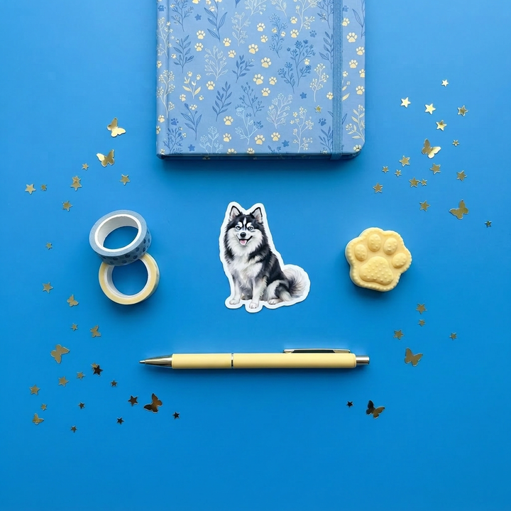 Pomsky Black and White watercolor 3 inch sticker flat lay with blue and yellow stationery – Designs by Mysh