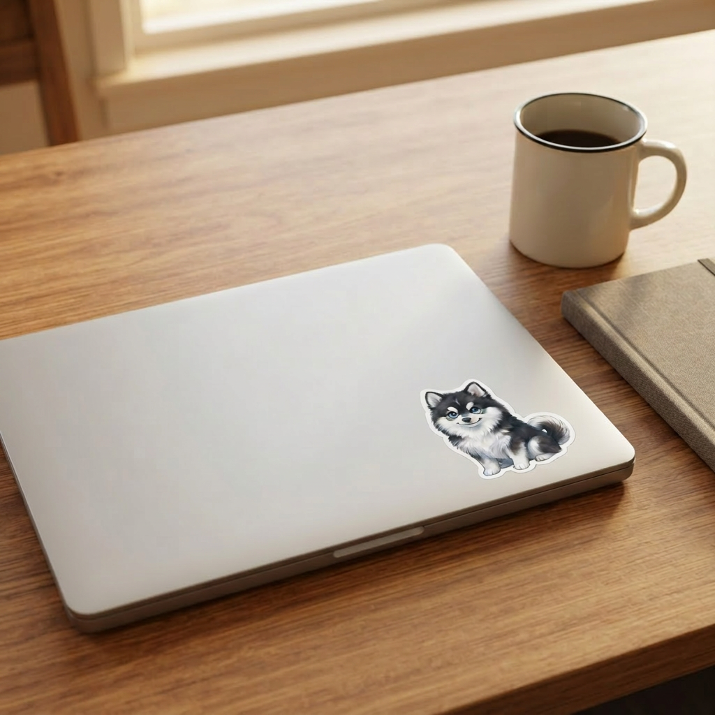 Pomsky Black and White kawaii vinyl sticker on a laptop lid – Designs by Mysh