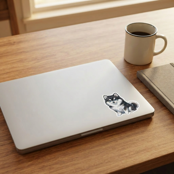 Pomsky Black and White kawaii vinyl sticker on a laptop lid – Designs by Mysh