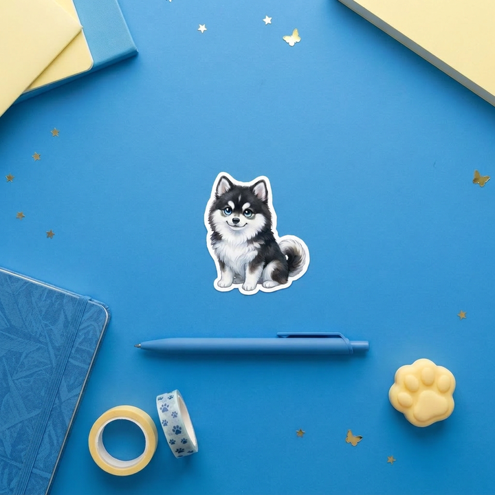 Pomsky Black and White kawaii 3 inch sticker flat lay with blue and yellow stationery – Designs by Mysh