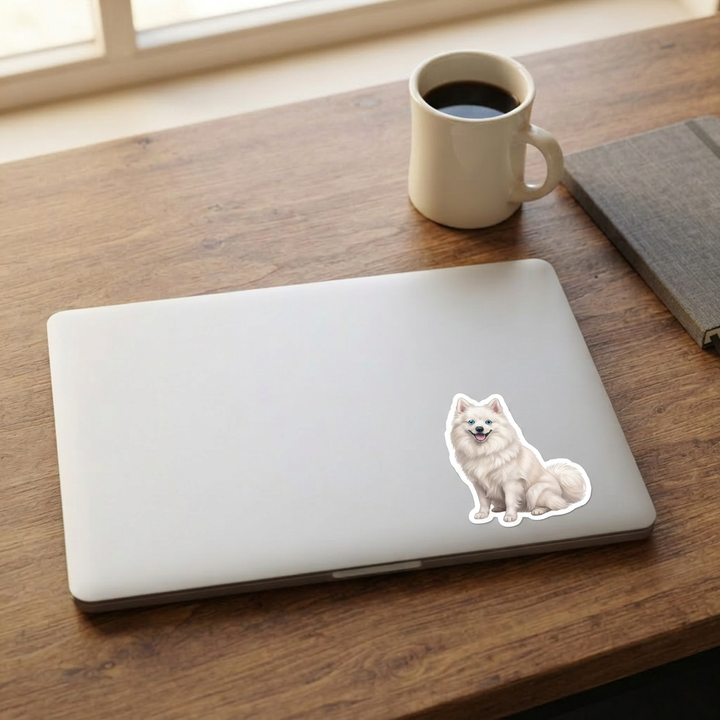 Pomsky White watercolor vinyl sticker on a laptop lid – Designs by Mysh