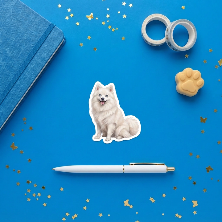 Pomsky White watercolor 3 inch sticker flat lay with blue and yellow stationery – Designs by Mysh