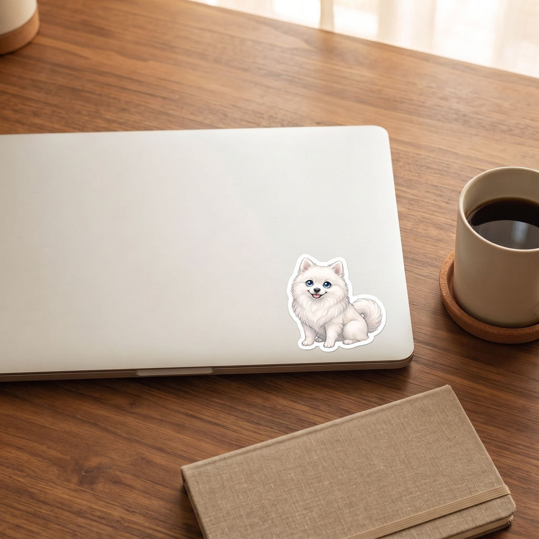 Pomsky White kawaii vinyl sticker on a laptop lid – Designs by Mysh
