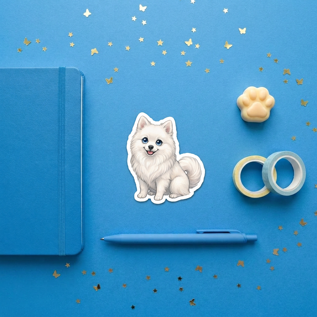 Pomsky White kawaii 3 inch sticker flat lay with blue and yellow stationery – Designs by Mysh
