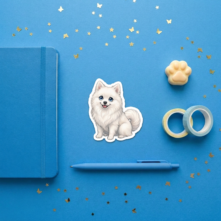 Pomsky White kawaii 3 inch sticker flat lay with blue and yellow stationery – Designs by Mysh
