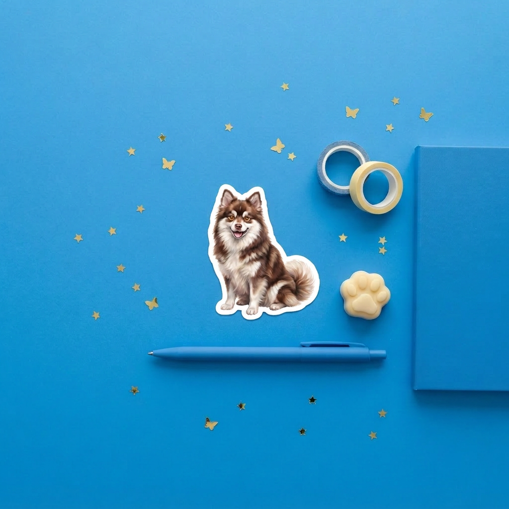 Pomsky Brown watercolor 3 inch sticker flat lay with blue and yellow stationery – Designs by Mysh