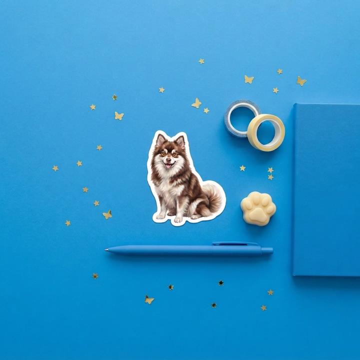 Pomsky Brown watercolor 3 inch sticker flat lay with blue and yellow stationery – Designs by Mysh