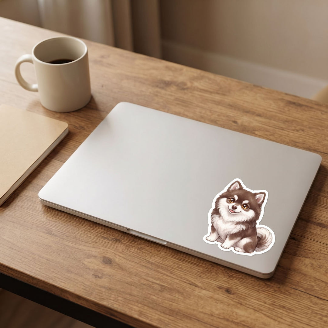 Pomsky Brown kawaii vinyl sticker on a laptop lid – Designs by Mysh