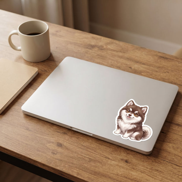 Pomsky Brown kawaii vinyl sticker on a laptop lid – Designs by Mysh