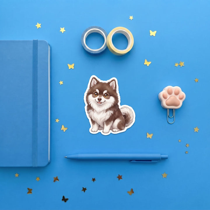 Pomsky Brown kawaii 3 inch sticker flat lay with blue and yellow stationery – Designs by Mysh
